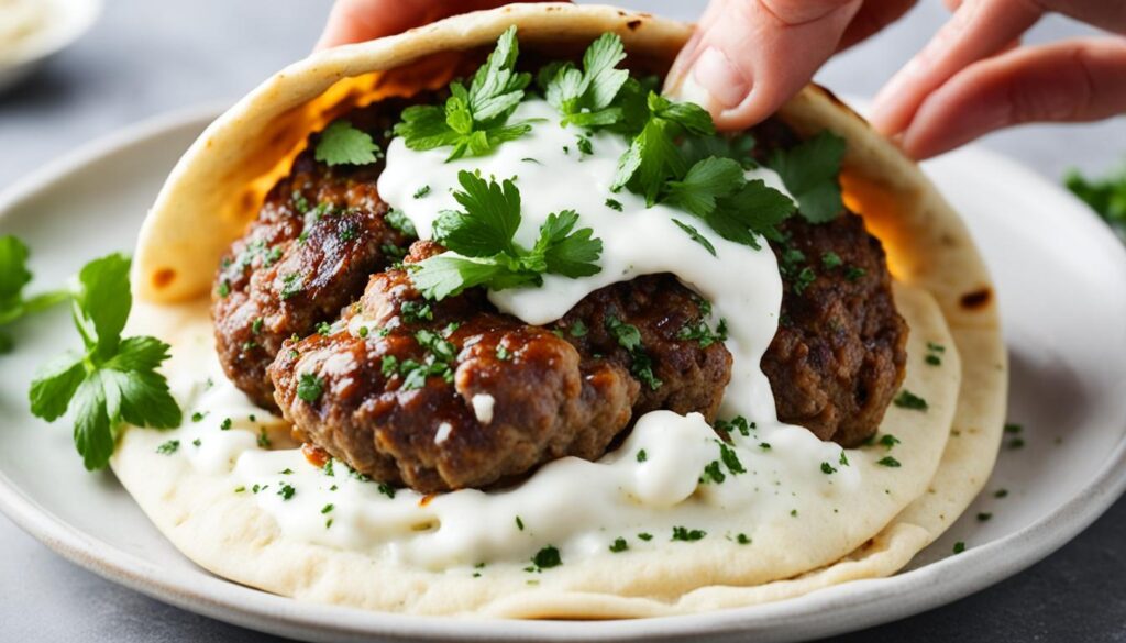 Assembling Grilled Meatball Pitas