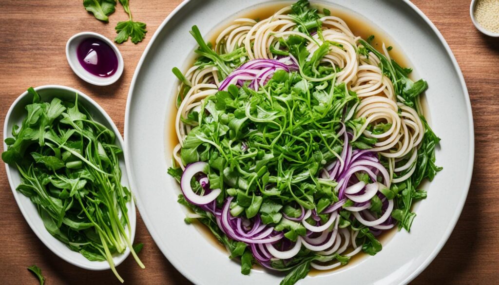 assembling the arugula soy shoyu dashi salad