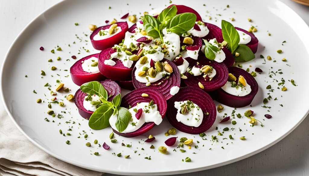 beet salad with creme fraiche and pistachio