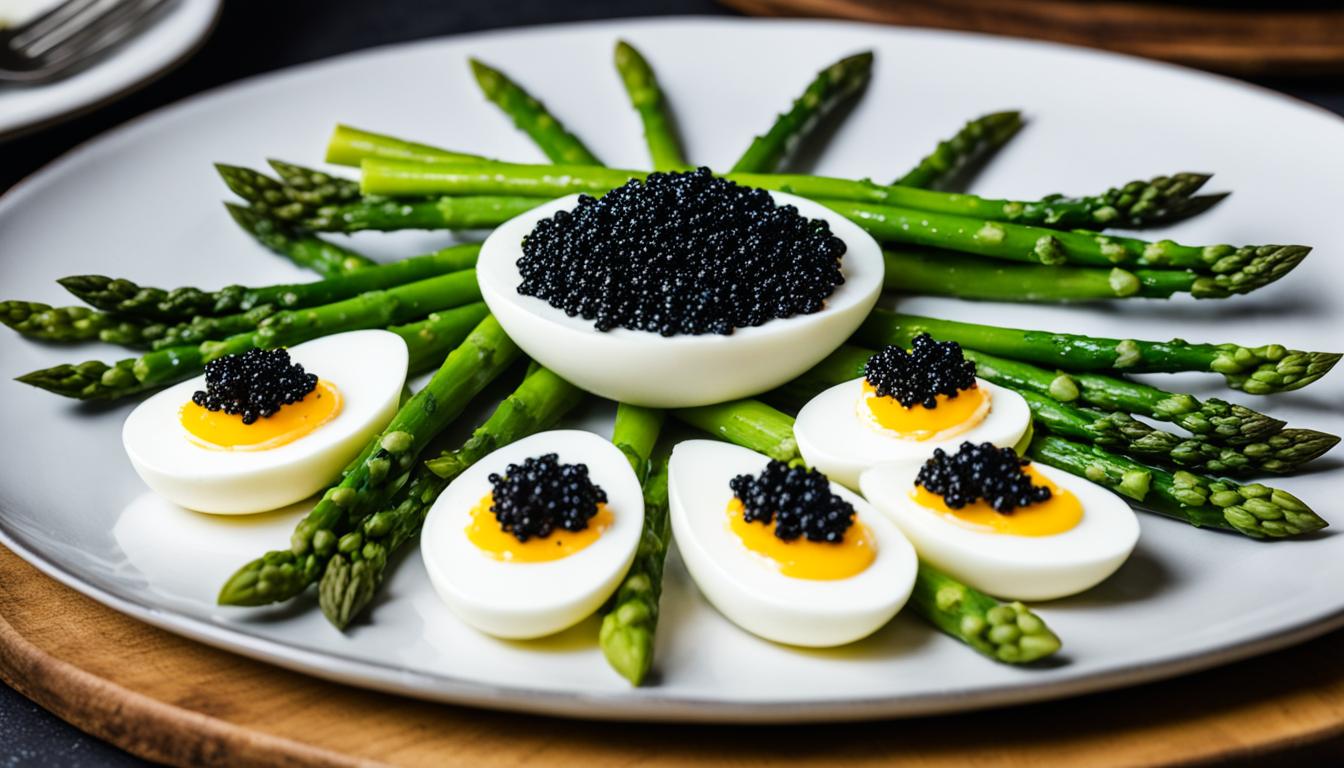 Canal House Deviled Eggs with Caviar & Asparagus