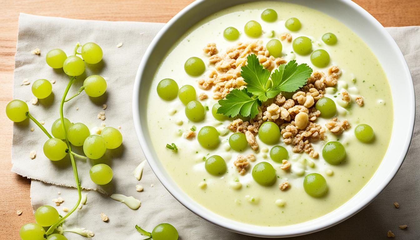 Celery Soup with Peanut Crumble & Pickled Grapes