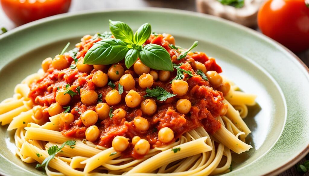 cozy chickpea pasta with tomato passata sauce