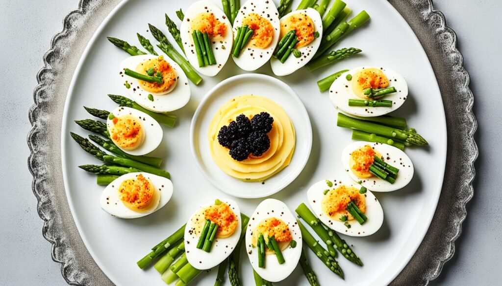 deviled eggs with asparagus and caviar