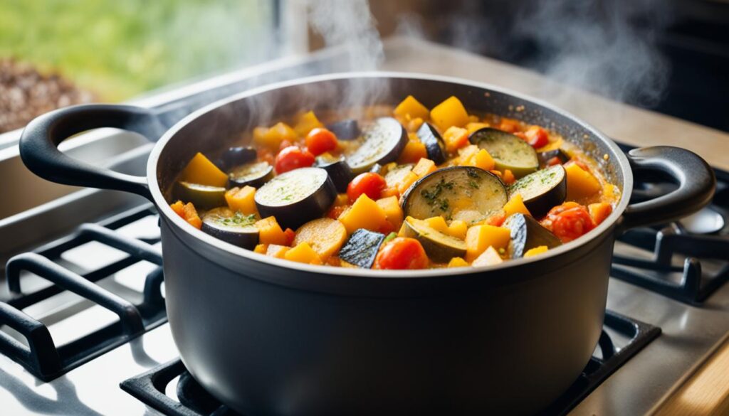 making squash eggplant tomatoes stew