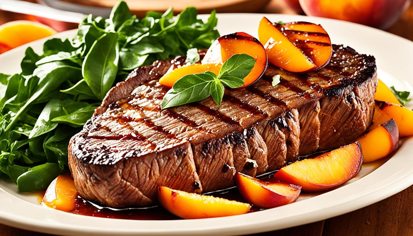 Pan Seared Flank Steak with Peaches & Greens