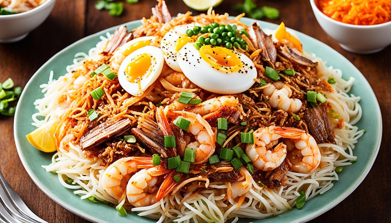 pancit palabok filipino noodles with smoky pork and seafood sauce