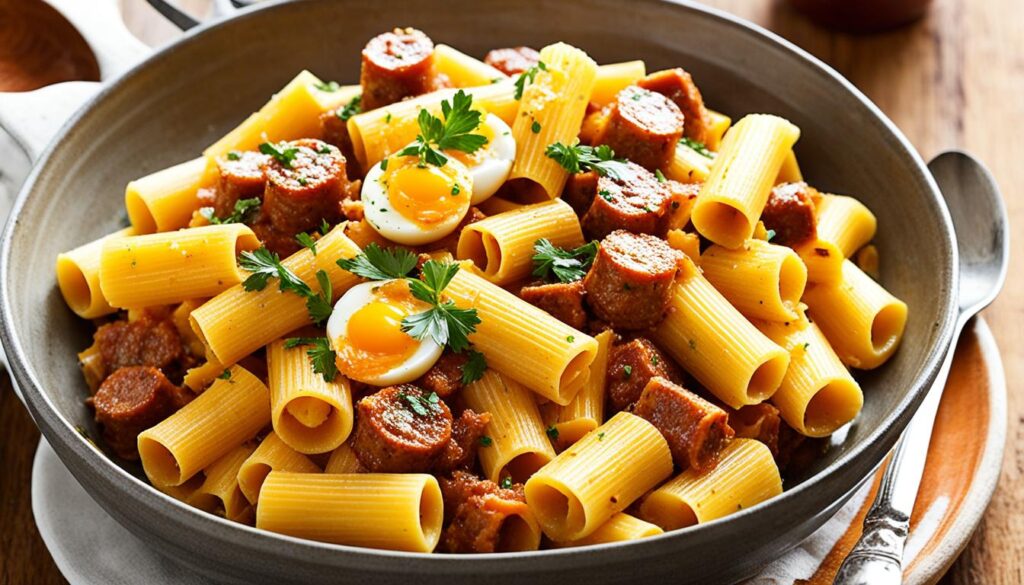 pasta alla zozzona rigatoni with sausage and egg yolks