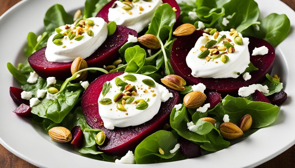 roasted beet salad horseradish creme fraiche pistachio recipe