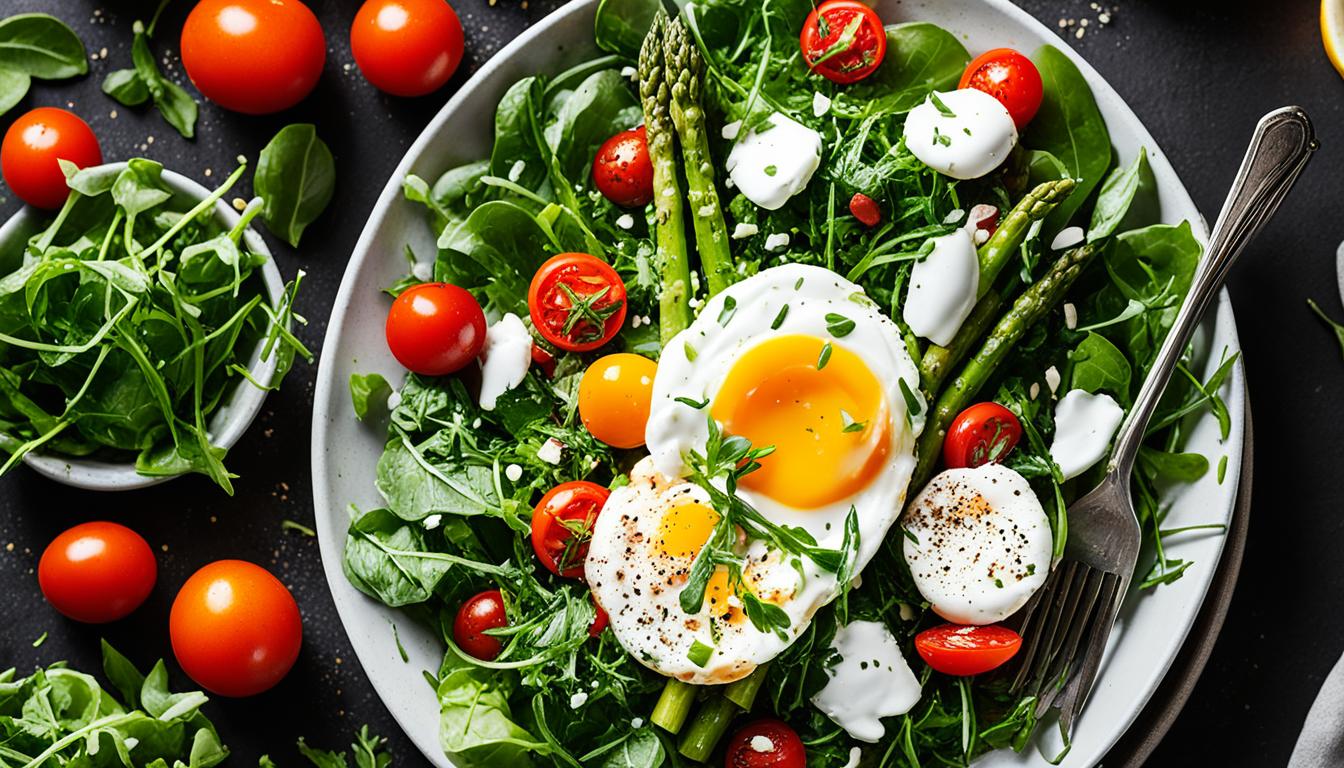 spring vegetables salad with poached egg