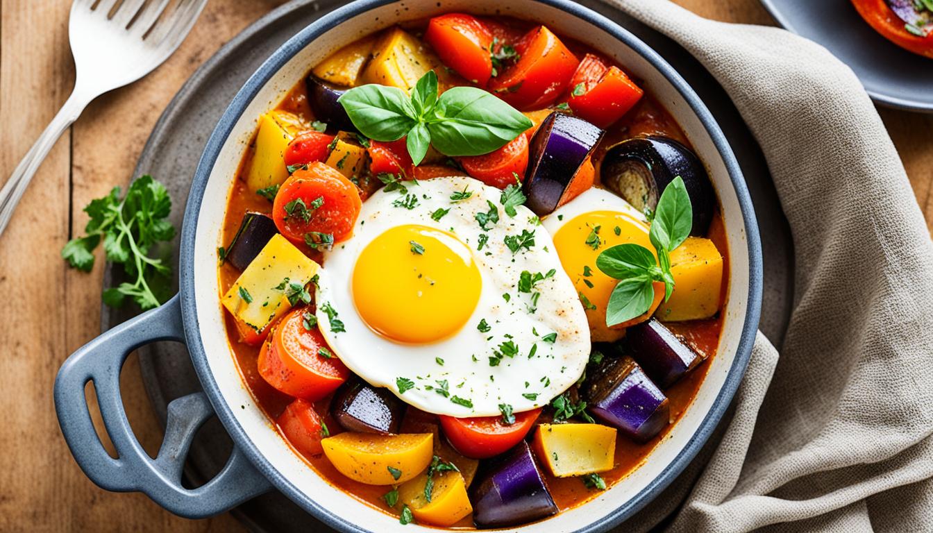 Hearty Squash Eggplant Tomatoes Stew with Baked Egg