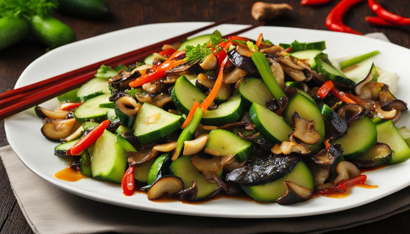 stir fried cucumbers with trumpet mushrooms and torch hei