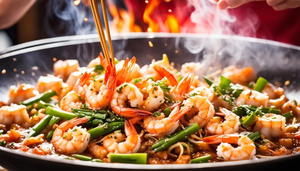 stir-frying shrimp