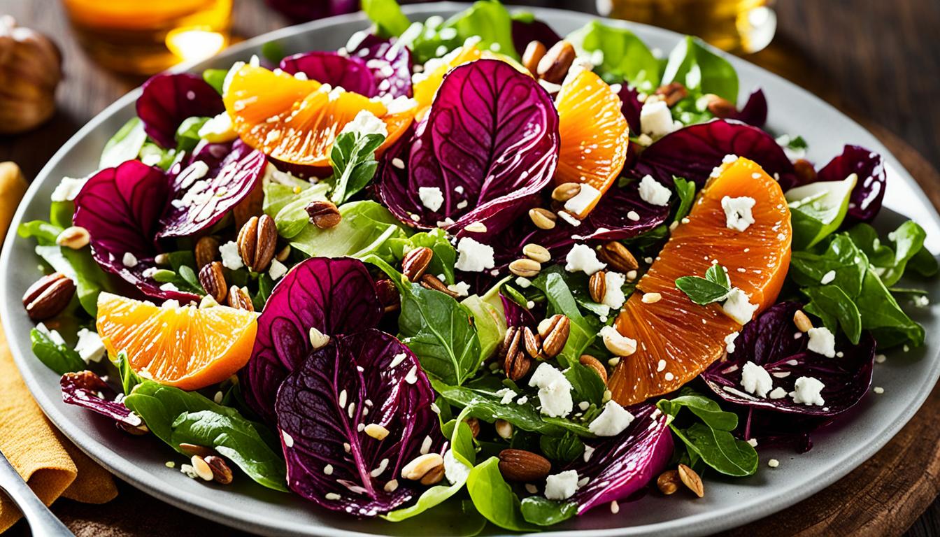 Trevisano radicchio salad with satsumas pistachios and calabrian chili vinaigrette