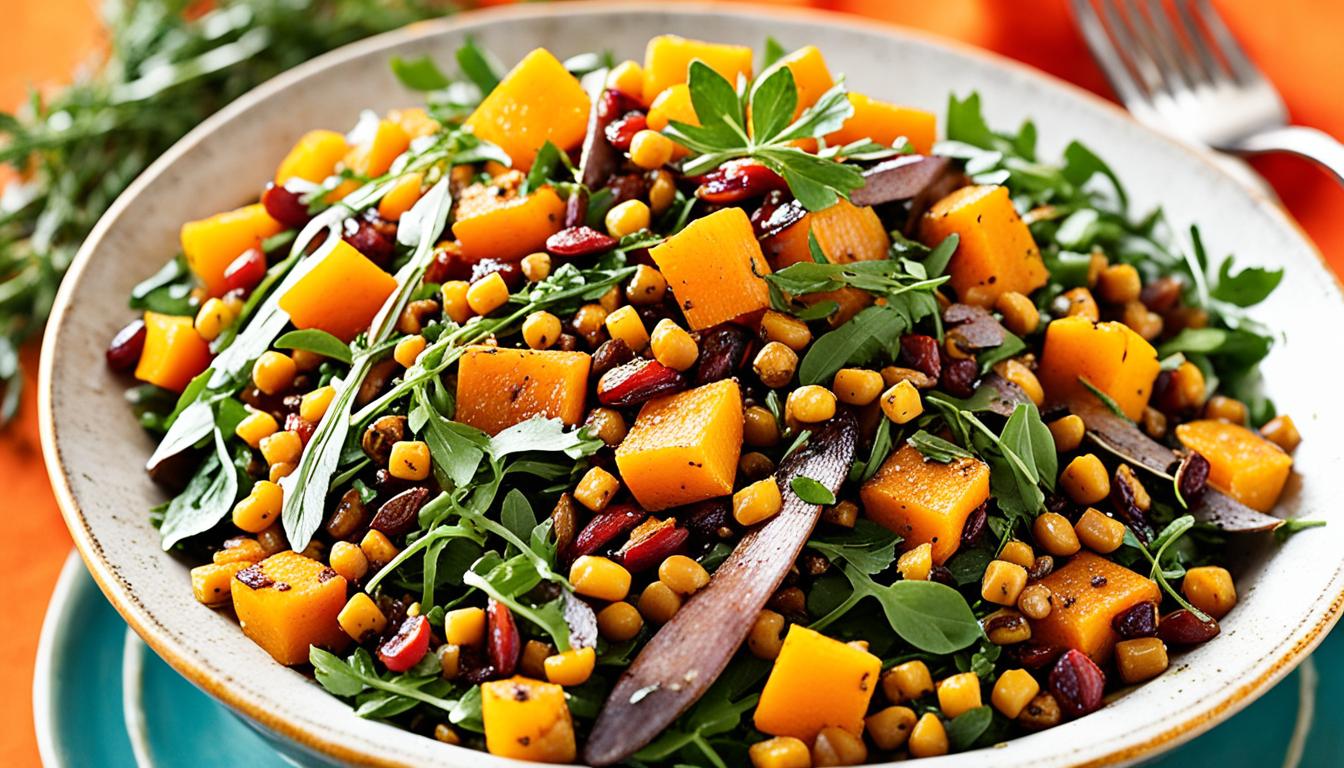 warm pigeon pea salad with roasted butternut squash and spiced onions recipe