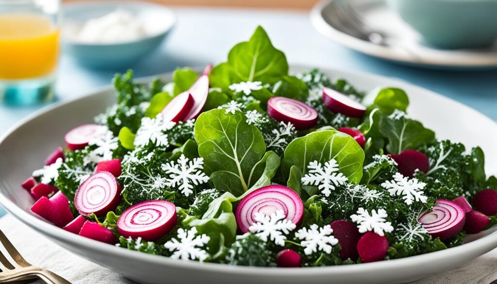 winter greens salad with shaved beets and flax seed radish