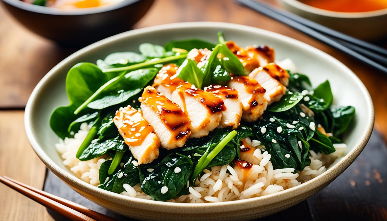 chicken donburi japanese rice bowl with spinach