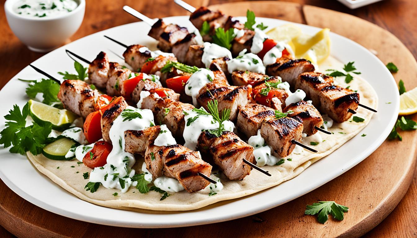 grilling pork souvlaki with pita and tzatziki recipe greek